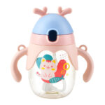 Baby Training Straw Water Bottle with Dual Handles & Flip Lid 350ml - Pink - Image 2
