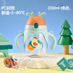 Baby Training Straw Water Bottle with Dual Handles & Flip Lid 350ml - Green - Image 2