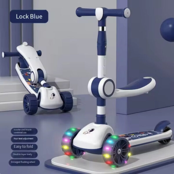 2 in 1 Foldable Scooter with Seat & LED Flash Wheels - Blue