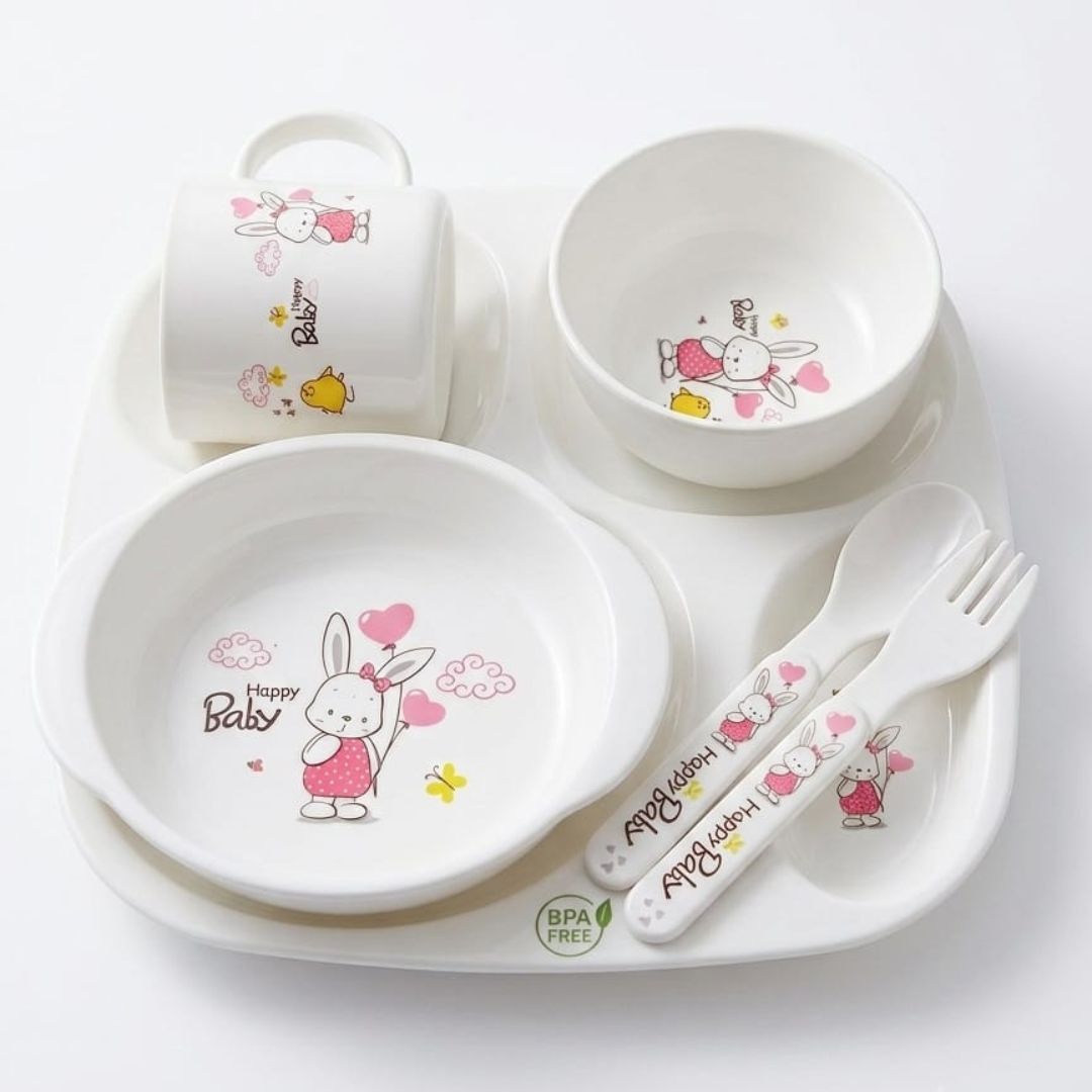 Untitled design (10) 6 in 1 BPA Free Baby Feeding Set with Plate, Bowl, Cup, Spoon & Fork - Image 1