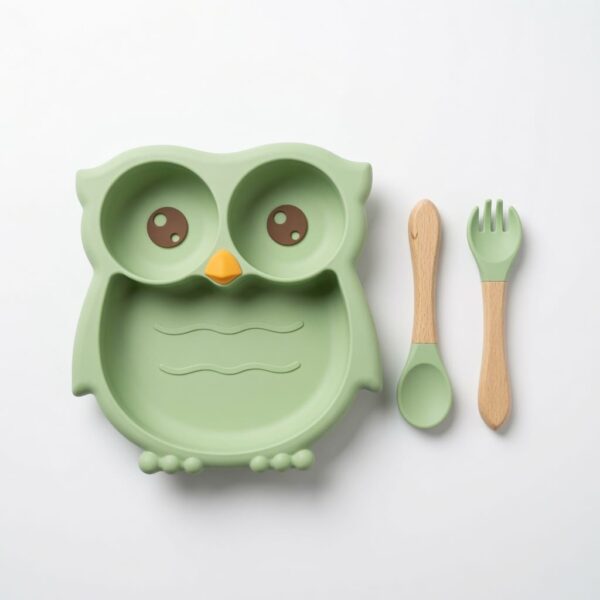 Baby Silicone Suction Plate Set Owl with Spoon & Fork - Green