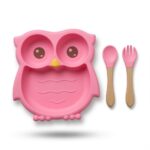 Baby Silicone Suction Plate Set Owl with Spoon & Fork - Pink
