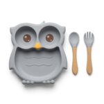 Baby Silicone Suction Plate Set Owl with Spoon & Fork - Grey