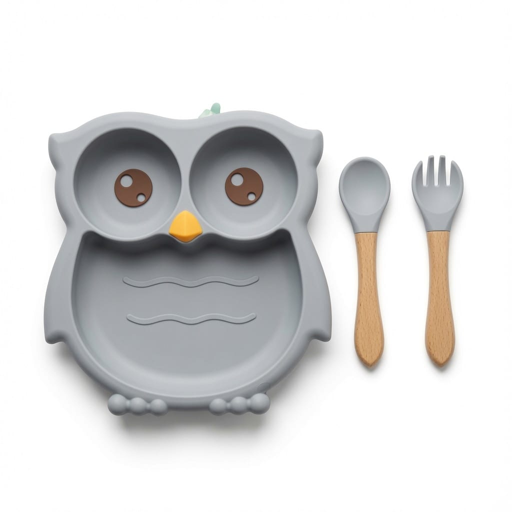 WhatsApp Image 2026-07-08 at 2.57.06 AM Baby Silicone Suction Plate Set Owl with Spoon & Fork - Grey - Image 1