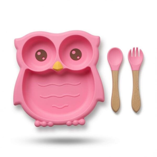 Baby Silicone Suction Plate Set Owl with Spoon & Fork - Pink