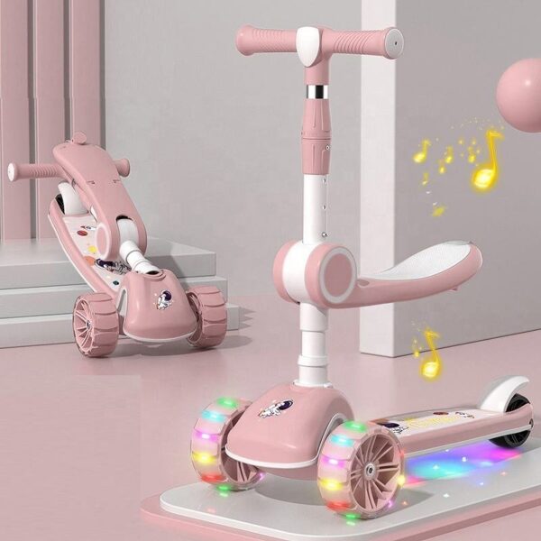 2 in 1 Foldable Scooter with Seat & LED Flash Wheels - Pink